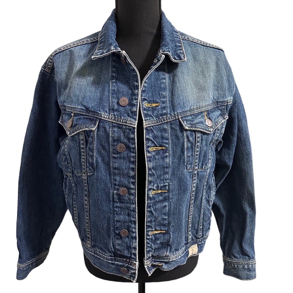 Abercrombie & Fitch Womens Jean Jacket Large Blue Denim Crop Button Retro Top